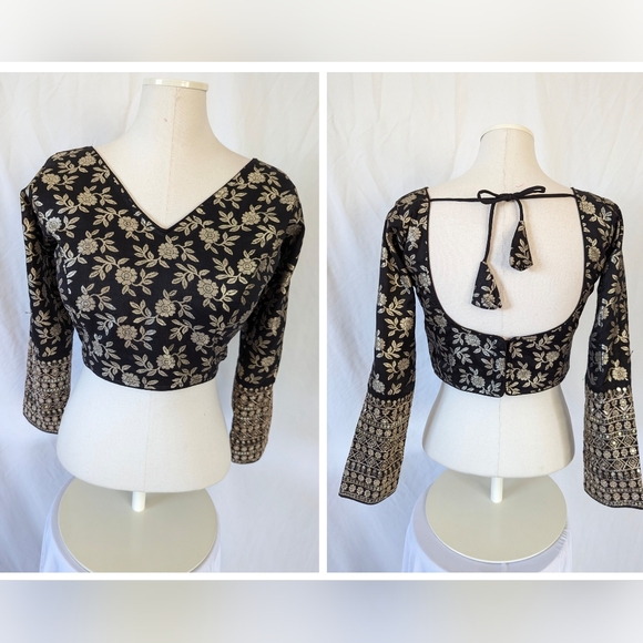 Black and gold readymade long sleeves Blouse for Saree or Lehenga - Picture 1 of 15